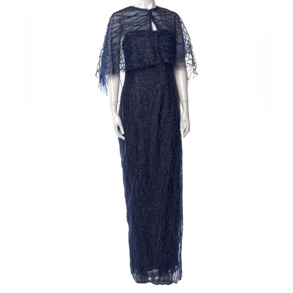NEW!$1’270! Marchesa Notte Embellished Sequin Column Gown CapeNavy Strapless Sz4 - Picture 3 of 10